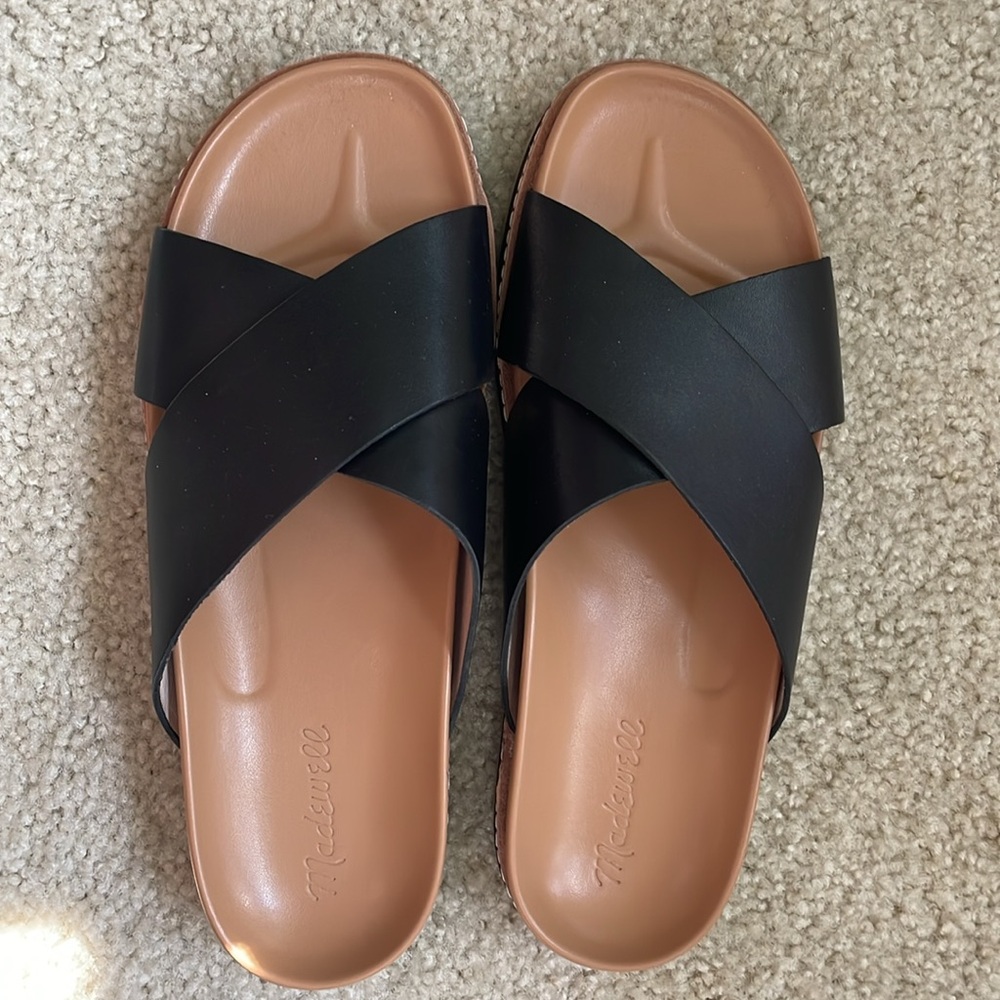Madewell Black Crisscross Slide Sandals with Tan Footbed - Women